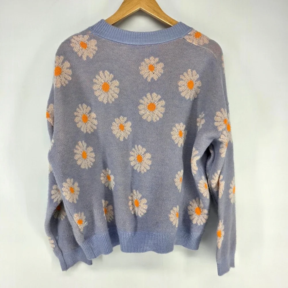 H&M Cardigan Women Large Blue Daisy Floral Roomy V-Neck Knit Button Up Sweater
